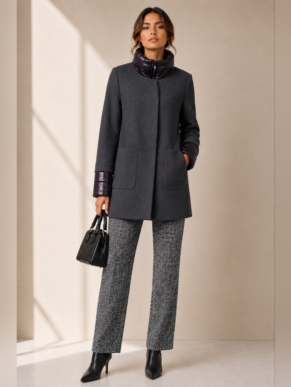 French Connection Black/Charcoal Gray Coat with Puffer Bib
